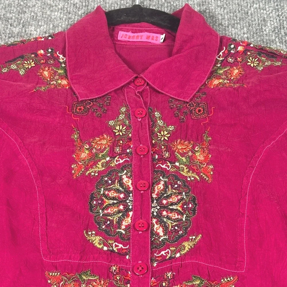 Johnny Was Magenta Pink Embroidered Rayon Button‎ Down Shirt Boho Floral Top